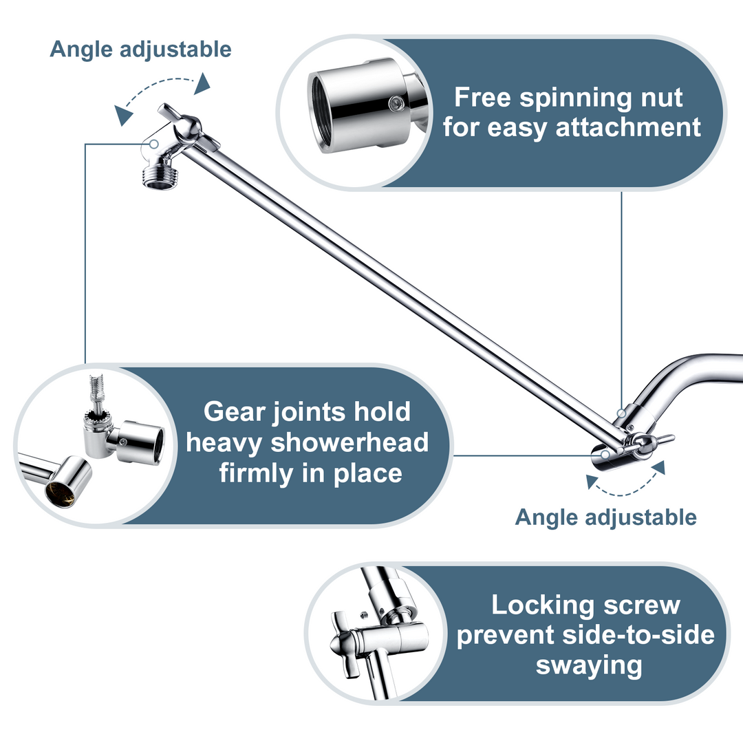 Solid Brass Shower Arm Extension, Adjustable Height & Angle, 5", 10", 14" & 15" Options