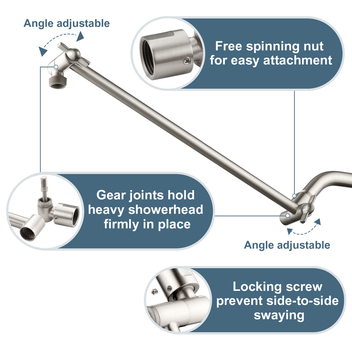 Solid Brass Shower Arm Extension, Adjustable Height & Angle, 5", 10", 14" & 15" Options