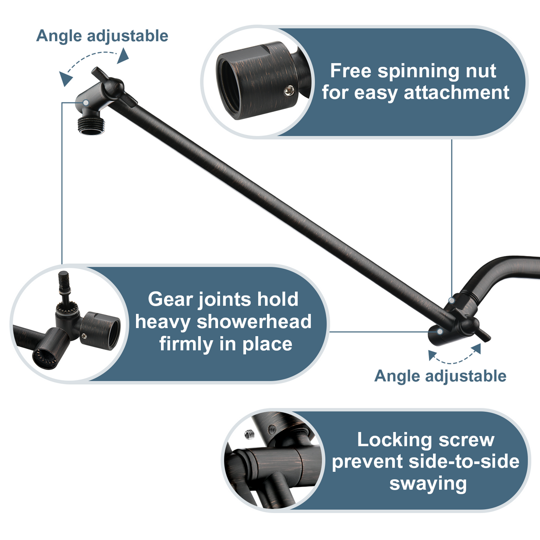 Solid Brass Shower Arm Extension, Adjustable Height & Angle, 5", 10", 14" & 15" Options