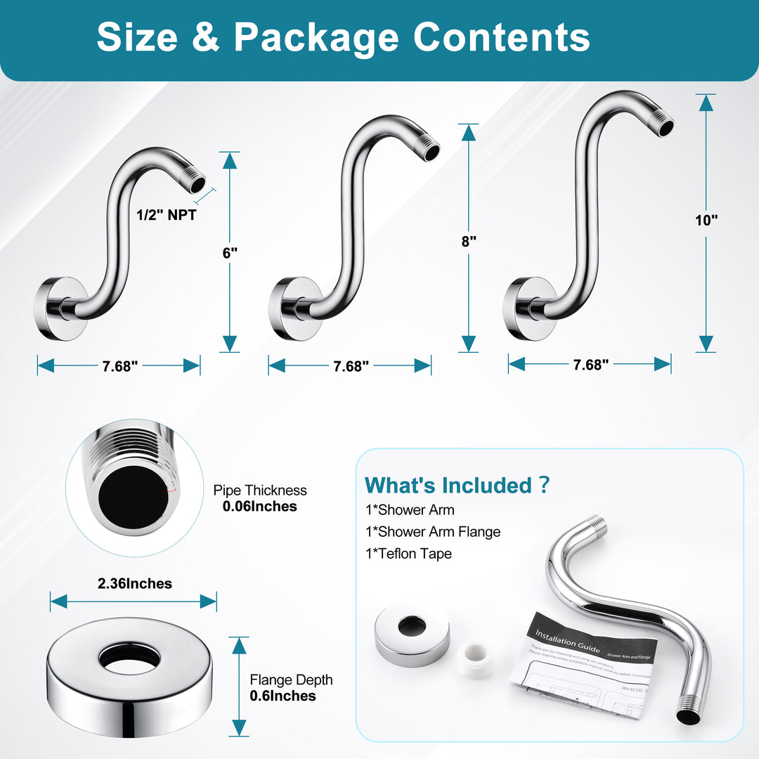 BRIGHT SHOWERS Shower Arm Extension, High Rise S-Shaped Shower Arm, Heavy-Duty SUS304 Stainless Steel, Gooseneck Shower Head Extension Arm, 6 & 8 & 10 Inch