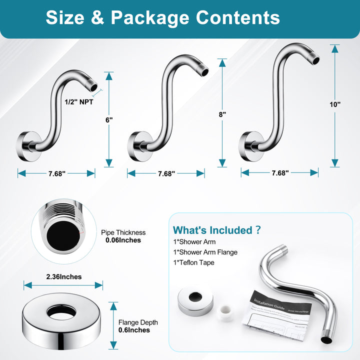 BRIGHT SHOWERS Shower Arm Extension, High Rise S-Shaped Shower Arm, Heavy-Duty SUS304 Stainless Steel, Gooseneck Shower Head Extension Arm, 6 & 8 & 10 Inch