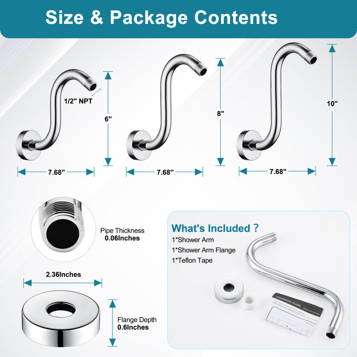 BRIGHT SHOWERS Shower Arm Extension, High Rise S-Shaped Shower Arm, Heavy-Duty SUS304 Stainless Steel, Gooseneck Shower Head Extension Arm, 6 & 8 & 10 Inch