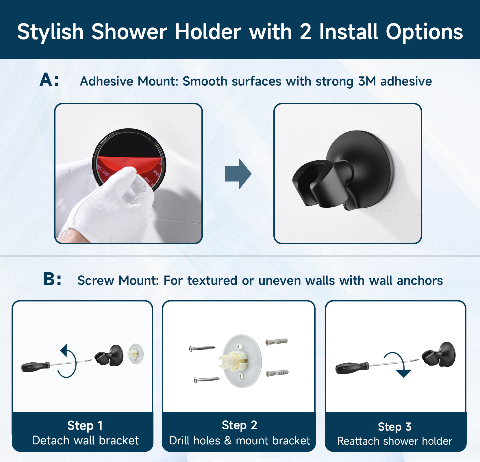 Adhesive Shower Head Holder for Handheld Shower Heads, Drill-Free Wall Mount Bracket