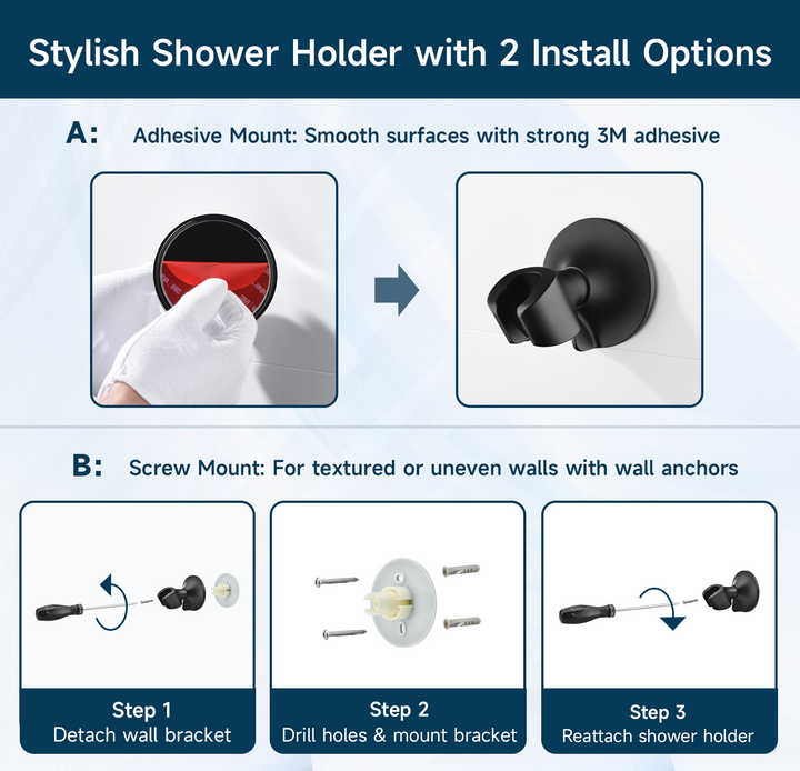 Adhesive Shower Head Holder for Handheld Shower Heads, Drill-Free Wall Mount Bracket