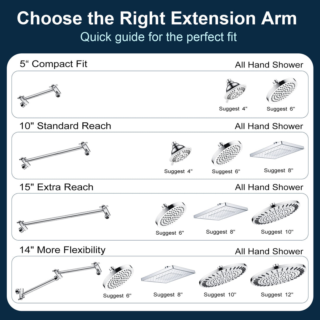 Solid Brass Shower Arm Extension, Adjustable Height & Angle, 5", 10", 14" & 15" Options