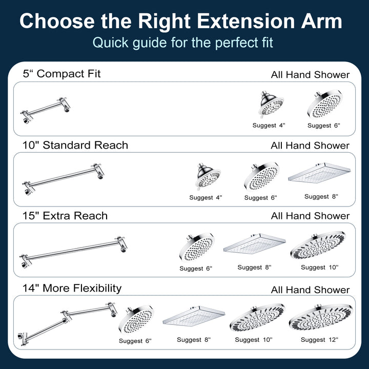 Solid Brass Shower Arm Extension, Adjustable Height & Angle, 5", 10", 14" & 15" Options