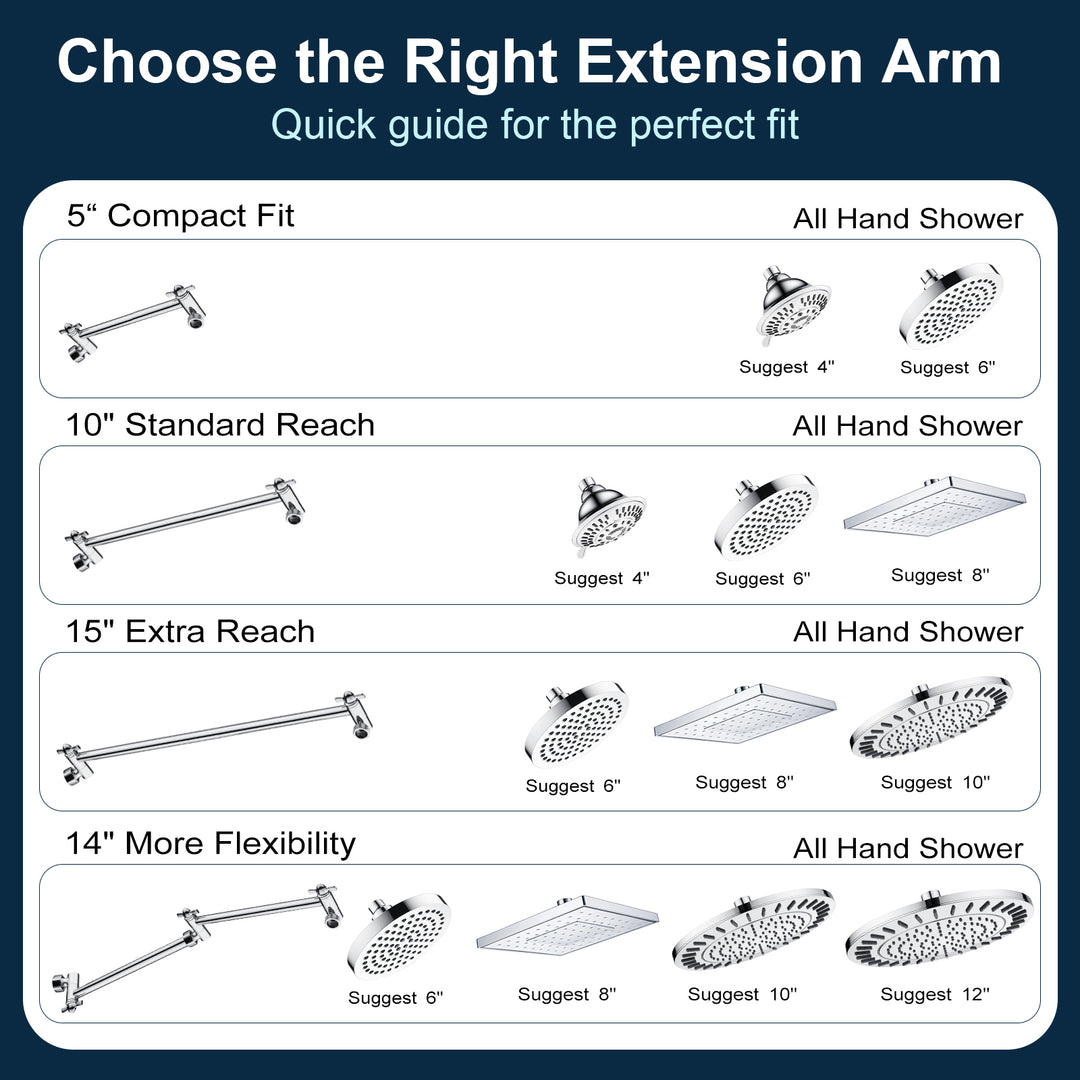 Solid Brass Shower Arm Extension, Adjustable Height & Angle, 5", 10", 14" & 15" Options
