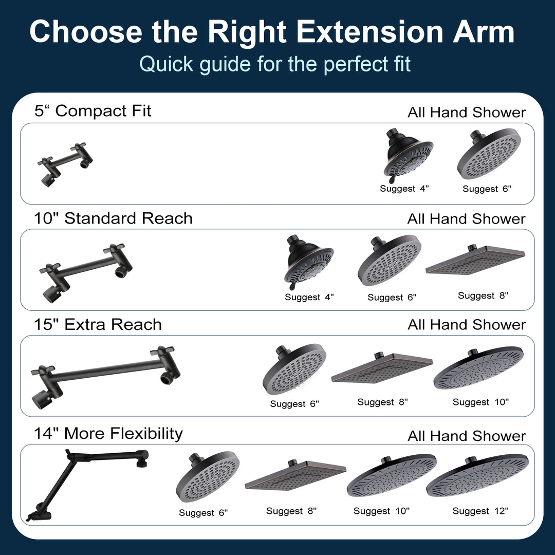 Solid Brass Shower Arm Extension, Adjustable Height & Angle, 5", 10", 14" & 15" Options