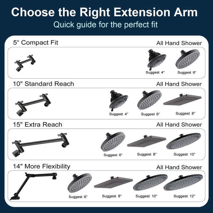 Solid Brass Shower Arm Extension, Adjustable Height & Angle, 5", 10", 14" & 15" Options