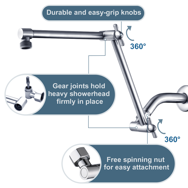 Solid Brass Shower Arm Extension, Adjustable Height & Angle, 5", 10", 14" & 15" Options