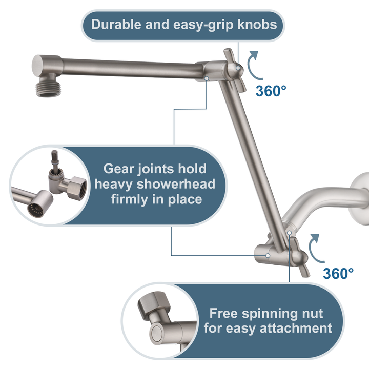 Solid Brass Shower Arm Extension, Adjustable Height & Angle, 5", 10", 14" & 15" Options