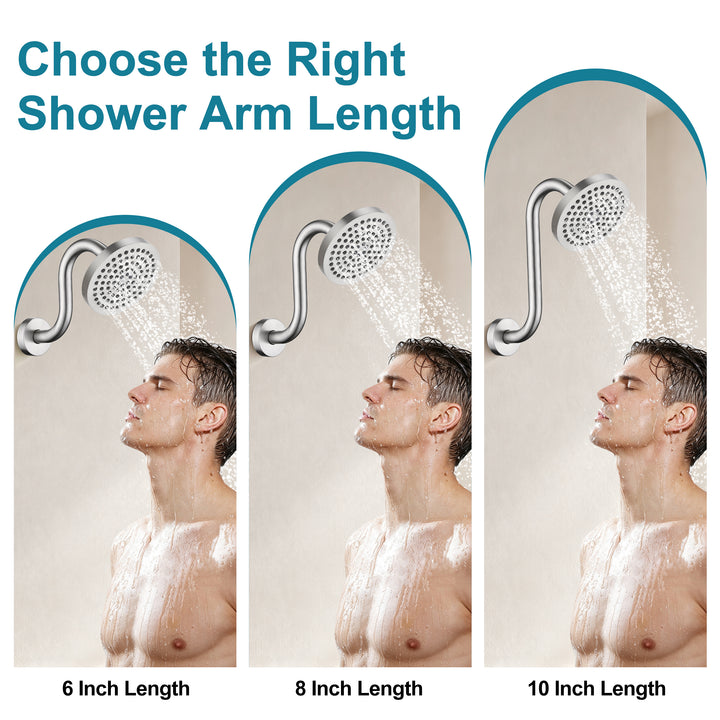 BRIGHT SHOWERS Shower Arm Extension, High Rise S-Shaped Shower Arm, Heavy-Duty SUS304 Stainless Steel, Gooseneck Shower Head Extension Arm, 6 & 8 & 10 Inch
