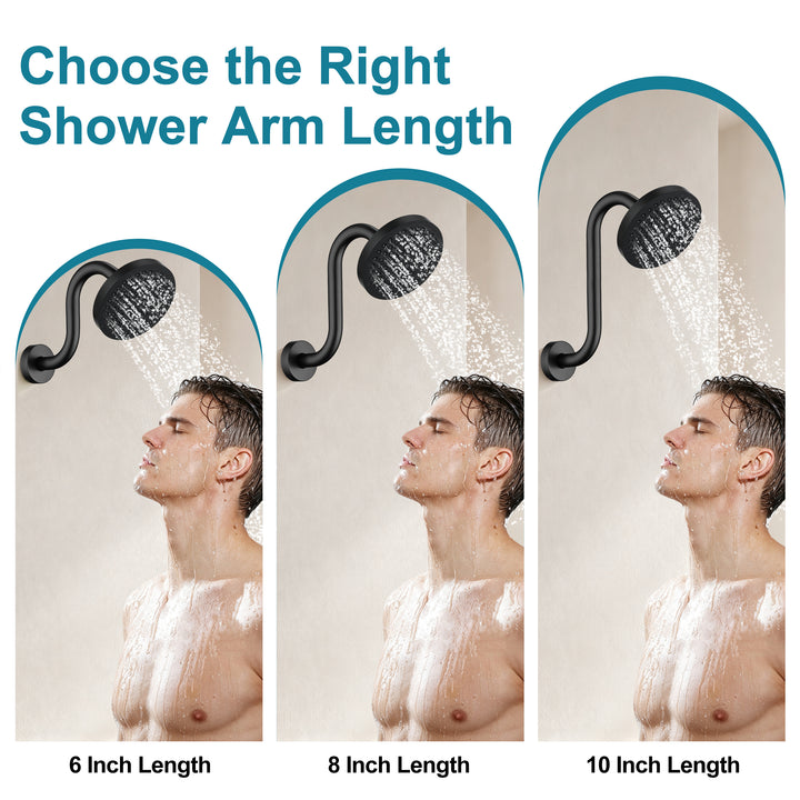 BRIGHT SHOWERS Shower Arm Extension, High Rise S-Shaped Shower Arm, Heavy-Duty SUS304 Stainless Steel, Gooseneck Shower Head Extension Arm, 6 & 8 & 10 Inch