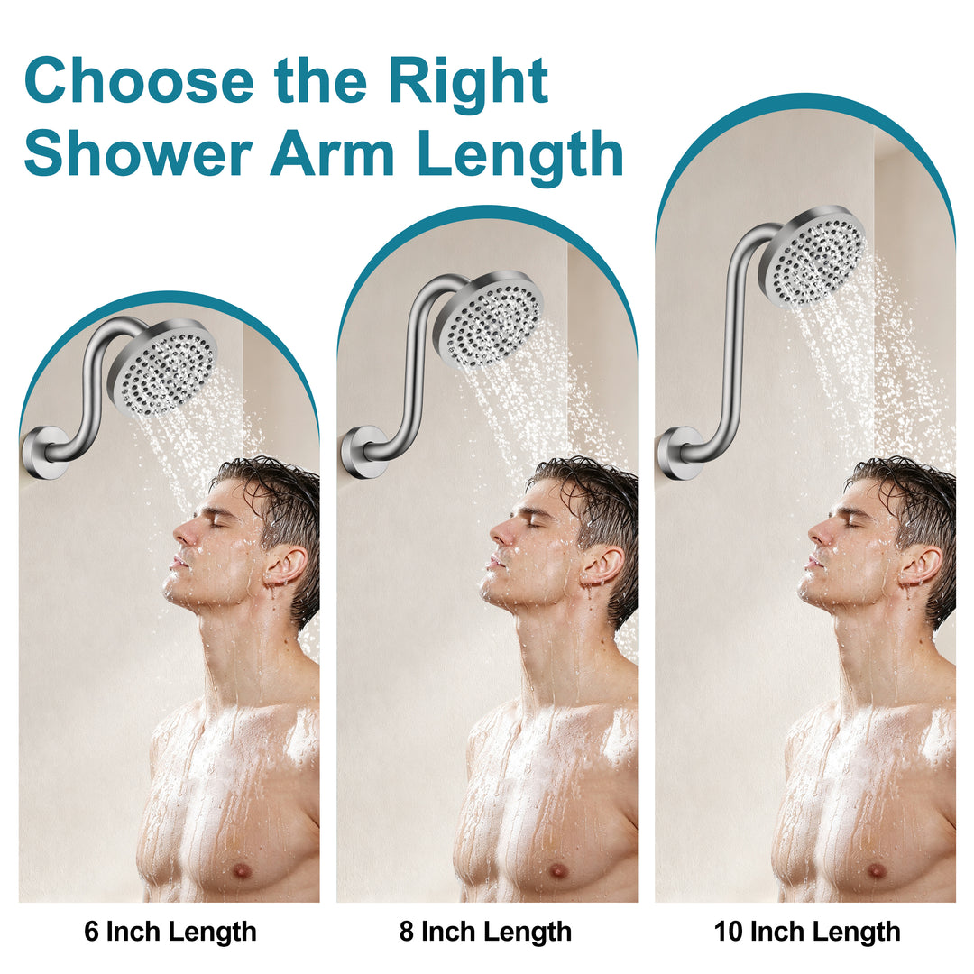 BRIGHT SHOWERS Shower Arm Extension, High Rise S-Shaped Shower Arm, Heavy-Duty SUS304 Stainless Steel, Gooseneck Shower Head Extension Arm, 6 & 8 & 10 Inch