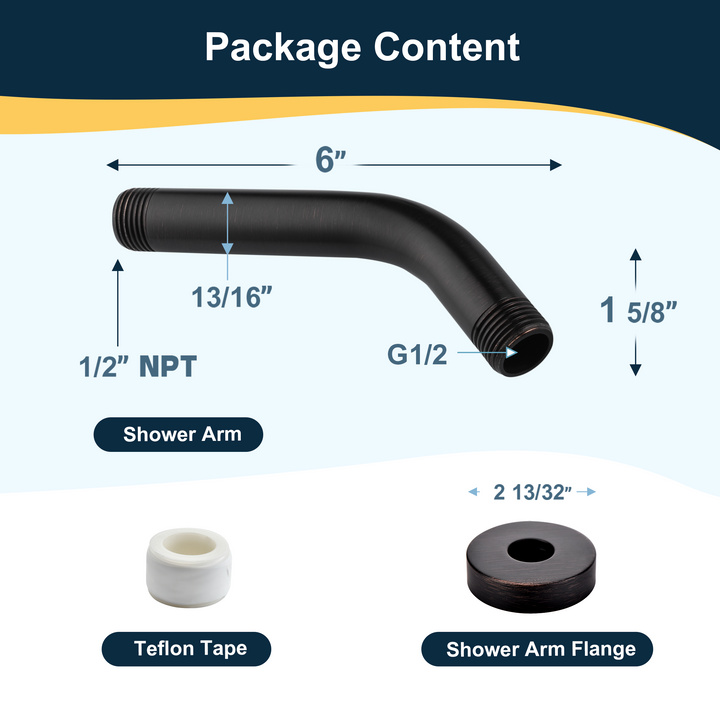 6 & 10" Solid Brass Shower Arm with Universal G1/2 Connection