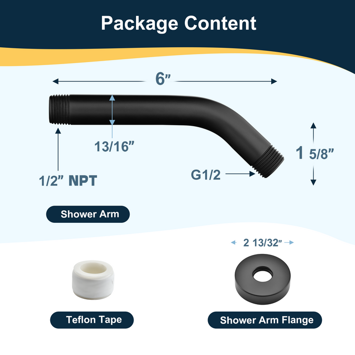 6 & 10" Solid Brass Shower Arm with Universal G1/2 Connection
