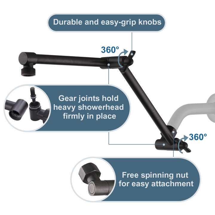 Solid Brass Shower Arm Extension, Adjustable Height & Angle, 5", 10", 14" & 15" Options