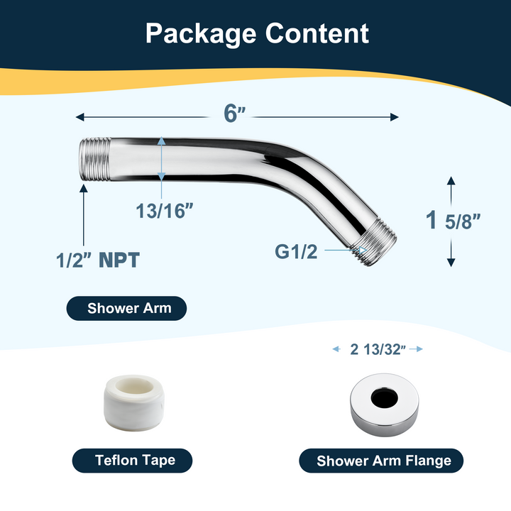6 & 10" Solid Brass Shower Arm with Universal G1/2 Connection