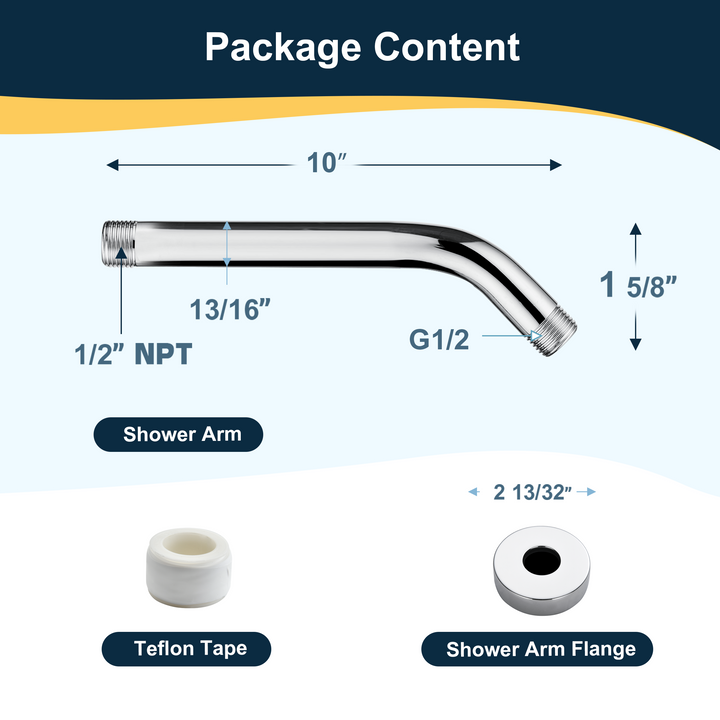 6 & 10" Solid Brass Shower Arm with Universal G1/2 Connection