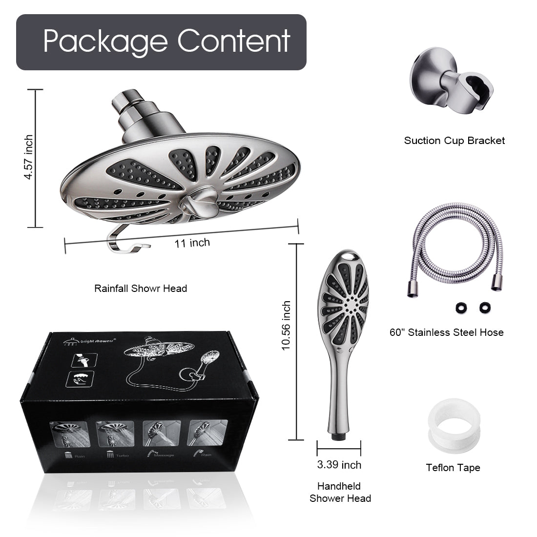 Shower Heads Combo - Rain Shower Head and Handheld Shower Head with Hose and Suction Holder - brightshowers