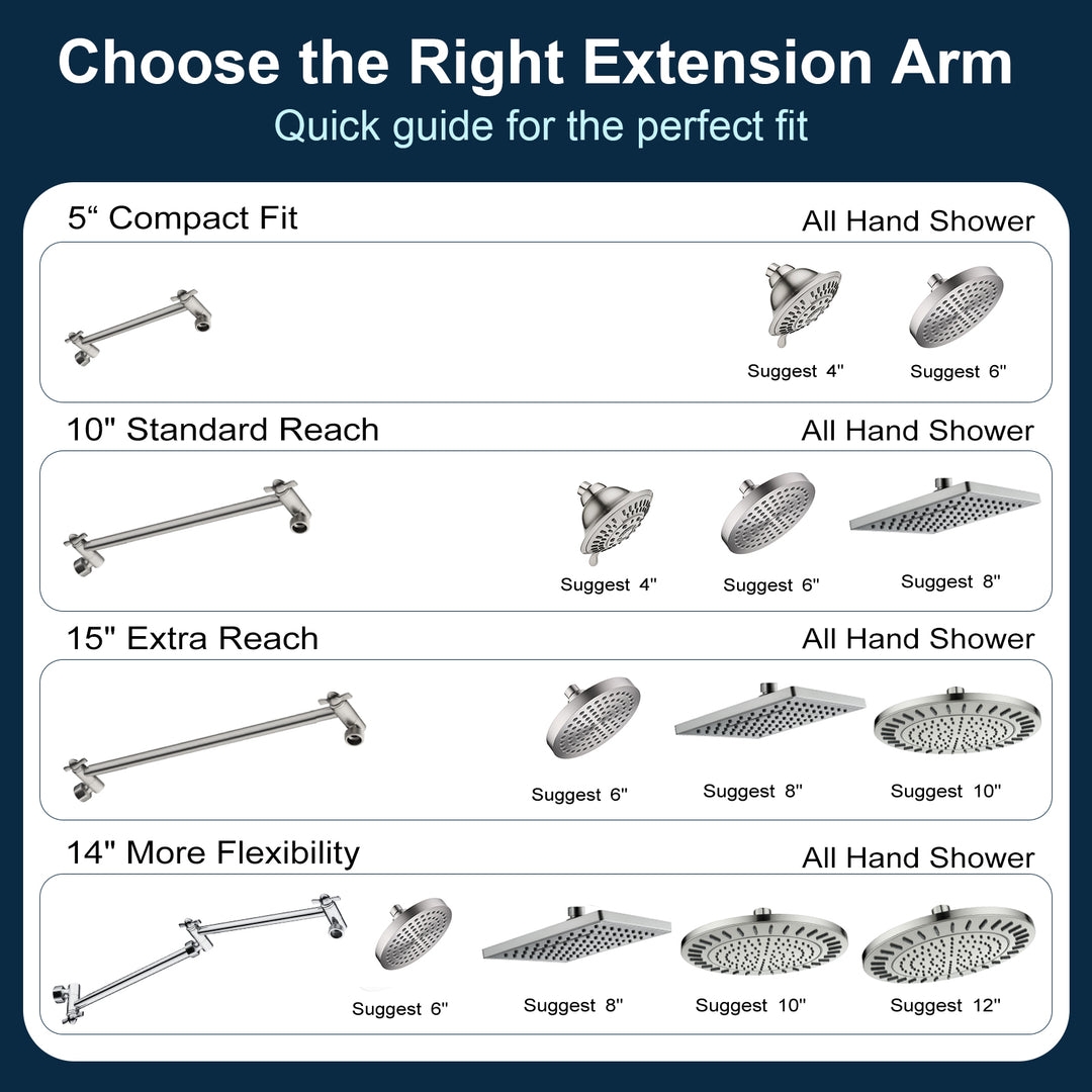 Solid Brass Shower Arm Extension, Adjustable Height & Angle, 5", 10", 14" & 15" Options