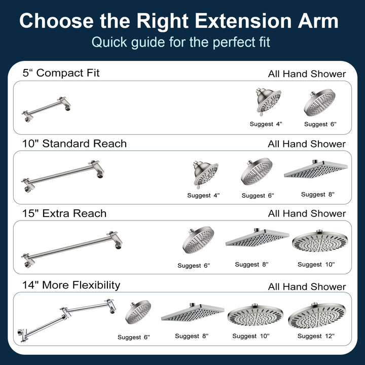 Solid Brass Shower Arm Extension, Adjustable Height & Angle, 5", 10", 14" & 15" Options