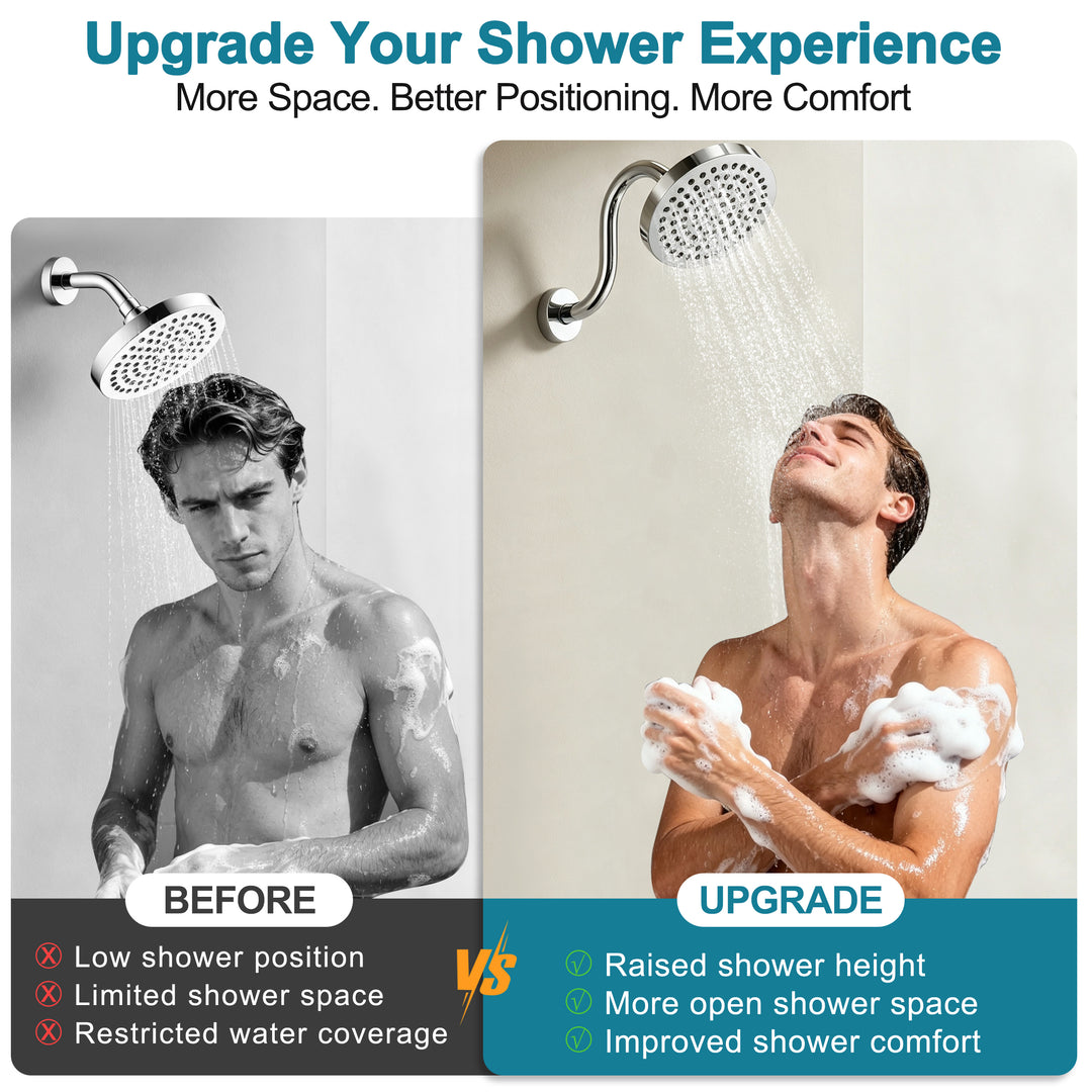 BRIGHT SHOWERS Shower Arm Extension, High Rise S-Shaped Shower Arm, Heavy-Duty SUS304 Stainless Steel, Gooseneck Shower Head Extension Arm, 6 & 8 & 10 Inch