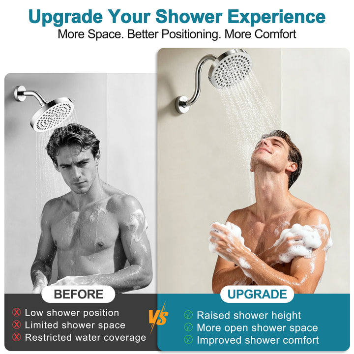 BRIGHT SHOWERS Shower Arm Extension, High Rise S-Shaped Shower Arm, Heavy-Duty SUS304 Stainless Steel, Gooseneck Shower Head Extension Arm, 6 & 8 & 10 Inch