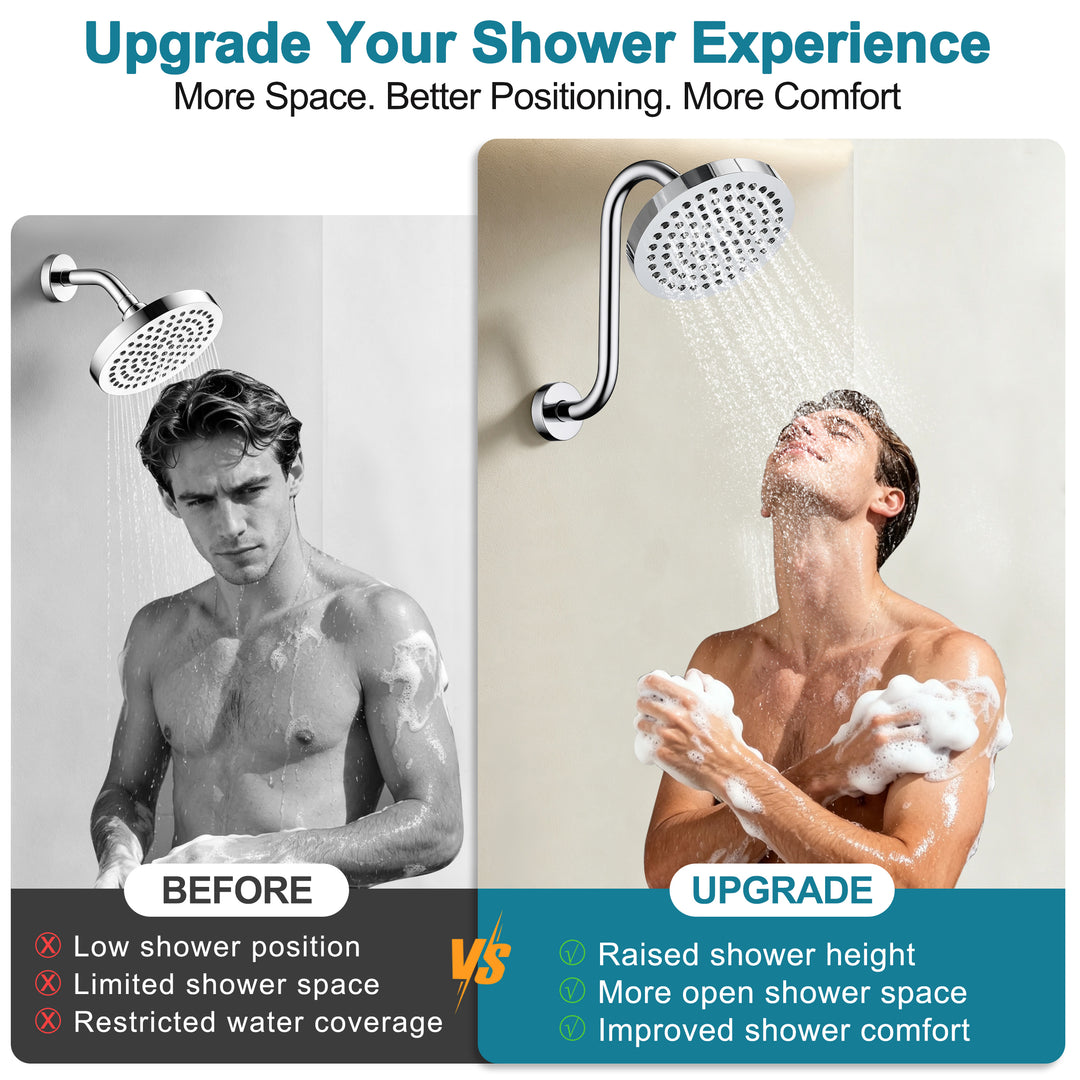 BRIGHT SHOWERS Shower Arm Extension, High Rise S-Shaped Shower Arm, Heavy-Duty SUS304 Stainless Steel, Gooseneck Shower Head Extension Arm, 6 & 8 & 10 Inch