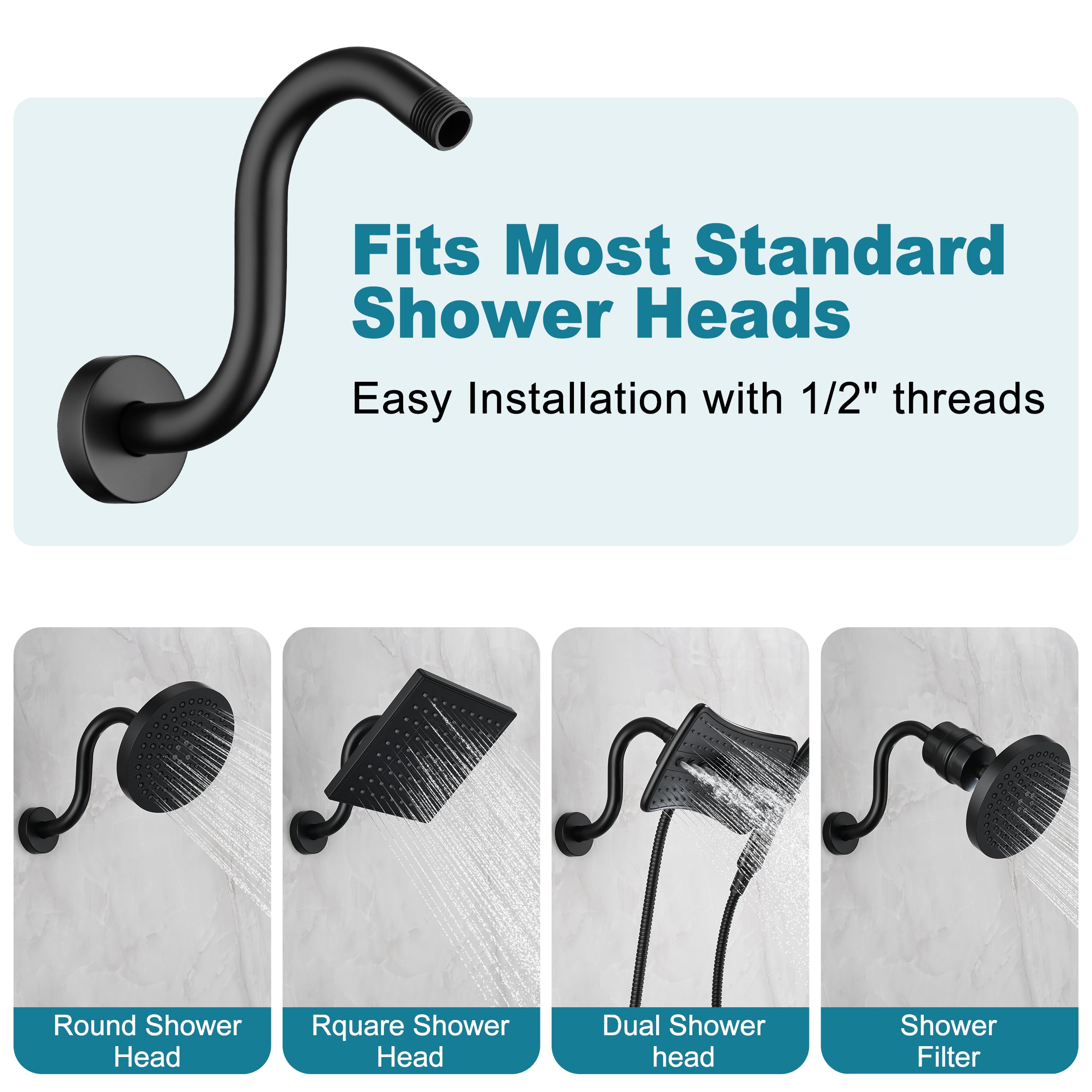 BRIGHT SHOWERS Shower Arm Extension, High Rise S-Shaped Shower Arm, Heavy-Duty SUS304 Stainless Steel, Gooseneck Shower Head Extension Arm, 6 & 8 & 10 Inch