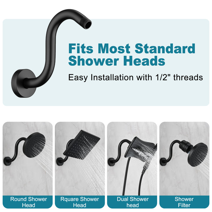 BRIGHT SHOWERS Shower Arm Extension, High Rise S-Shaped Shower Arm, Heavy-Duty SUS304 Stainless Steel, Gooseneck Shower Head Extension Arm, 6 & 8 & 10 Inch
