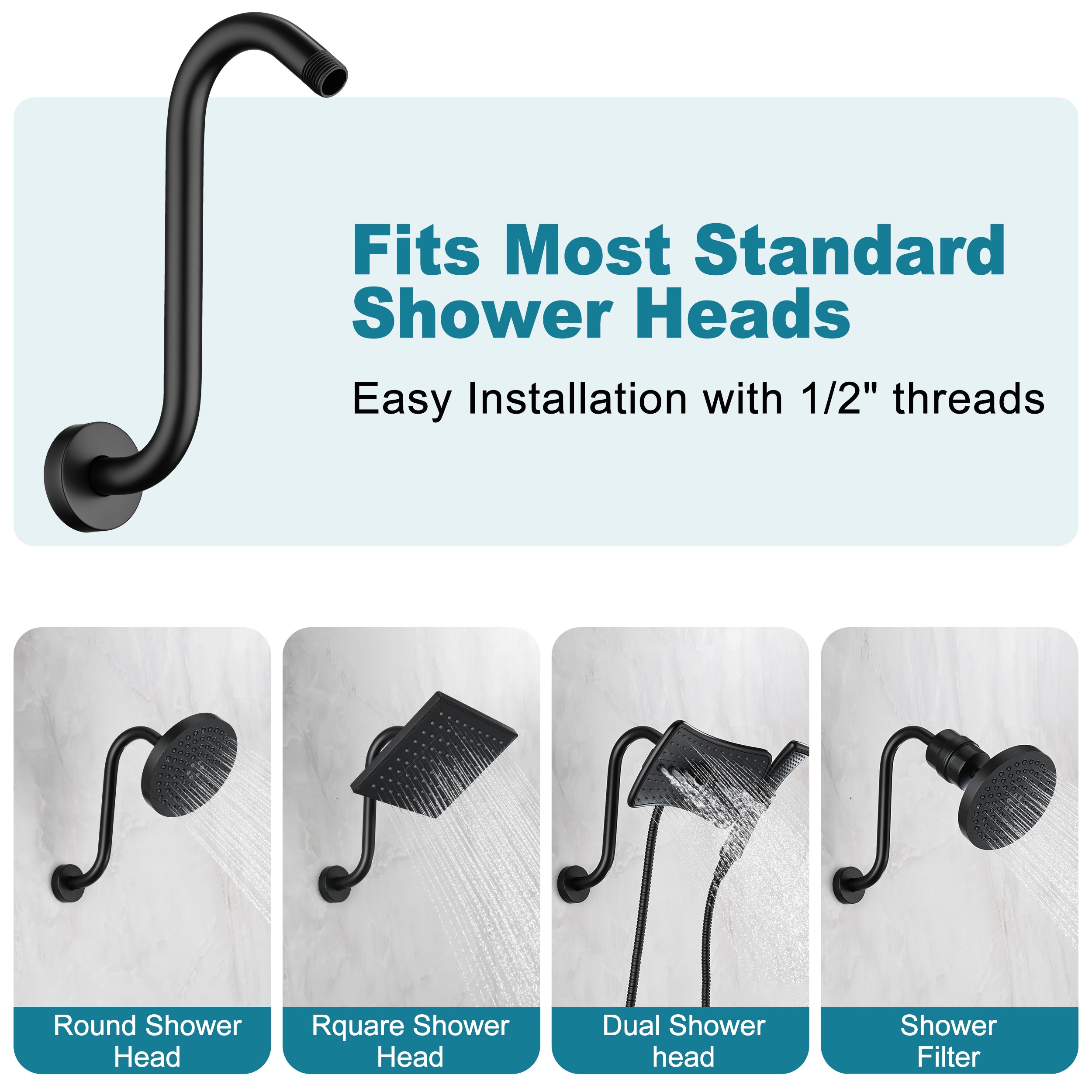 BRIGHT SHOWERS Shower Arm Extension, High Rise S-Shaped Shower Arm, Heavy-Duty SUS304 Stainless Steel, Gooseneck Shower Head Extension Arm, 6 & 8 & 10 Inch