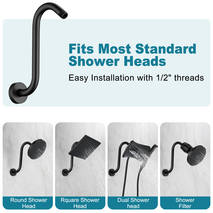 BRIGHT SHOWERS Shower Arm Extension, High Rise S-Shaped Shower Arm, Heavy-Duty SUS304 Stainless Steel, Gooseneck Shower Head Extension Arm, 6 & 8 & 10 Inch