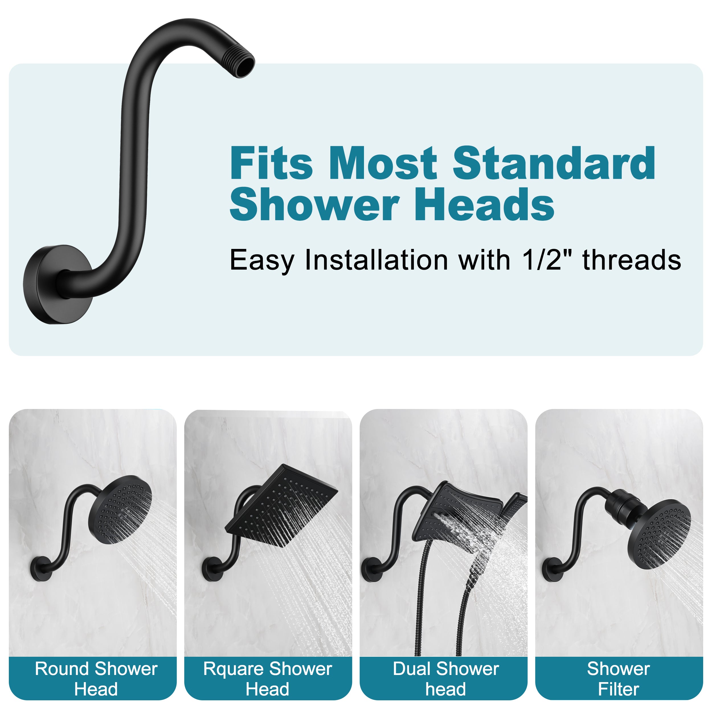 BRIGHT SHOWERS Shower Arm Extension, High Rise S-Shaped Shower Arm, Heavy-Duty SUS304 Stainless Steel, Gooseneck Shower Head Extension Arm, 6 & 8 & 10 Inch