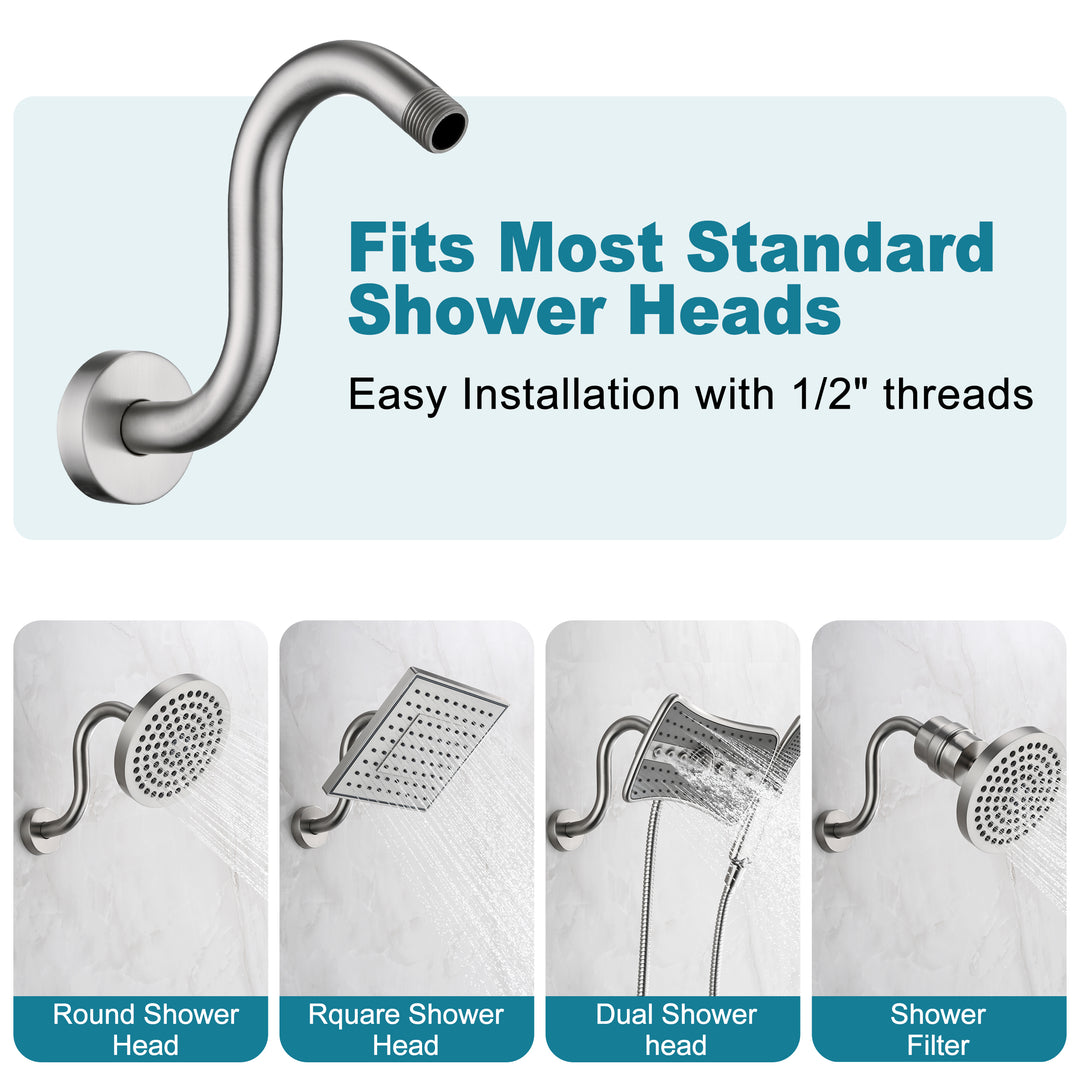 BRIGHT SHOWERS Shower Arm Extension, High Rise S-Shaped Shower Arm, Heavy-Duty SUS304 Stainless Steel, Gooseneck Shower Head Extension Arm, 6 & 8 & 10 Inch
