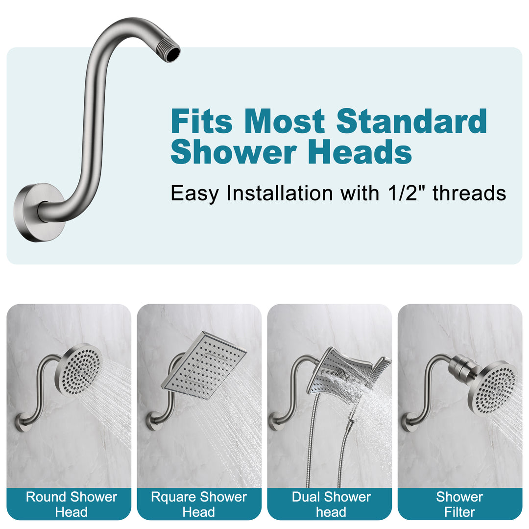 BRIGHT SHOWERS Shower Arm Extension, High Rise S-Shaped Shower Arm, Heavy-Duty SUS304 Stainless Steel, Gooseneck Shower Head Extension Arm, 6 & 8 & 10 Inch
