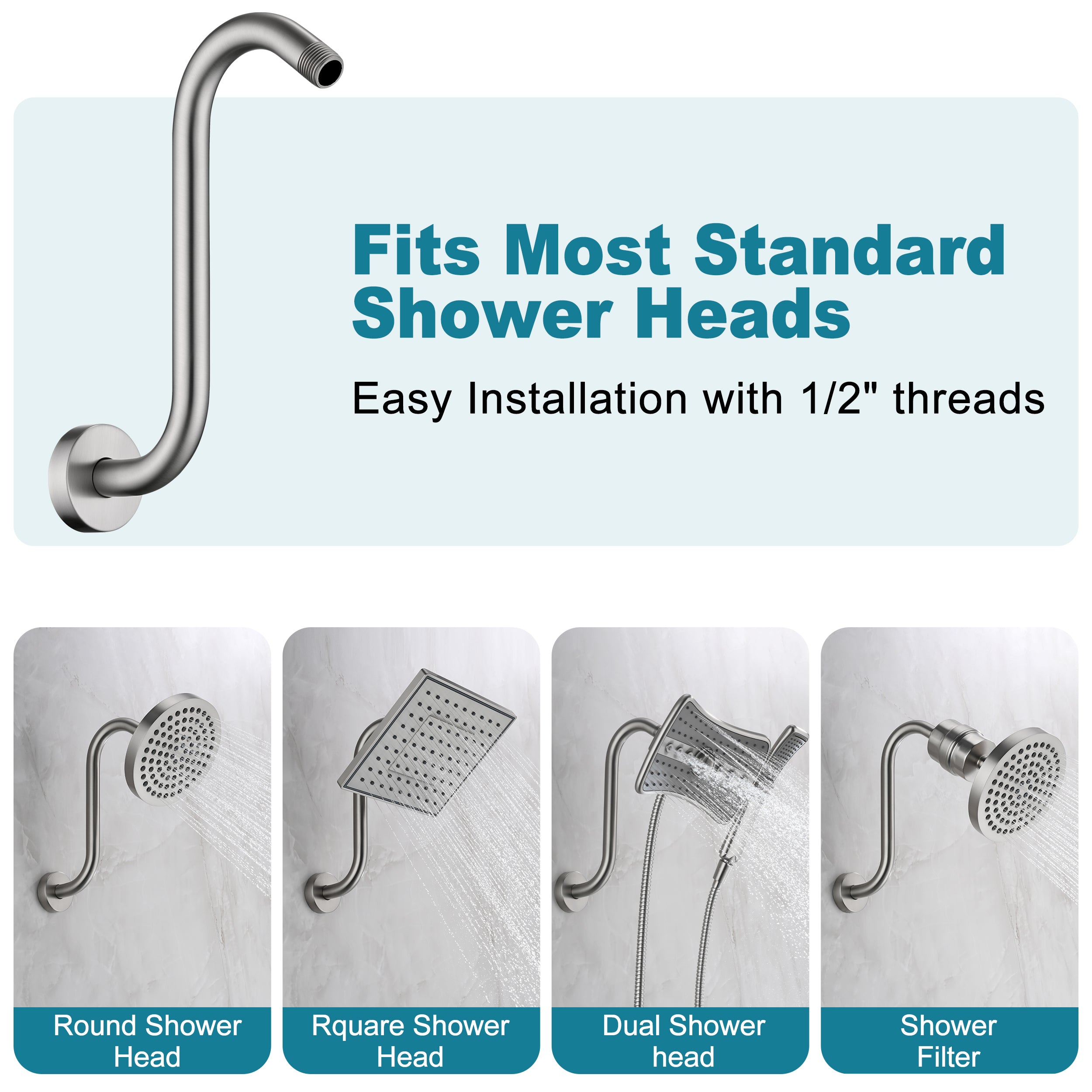 BRIGHT SHOWERS Shower Arm Extension, High Rise S-Shaped Shower Arm, Heavy-Duty SUS304 Stainless Steel, Gooseneck Shower Head Extension Arm, 6 & 8 & 10 Inch