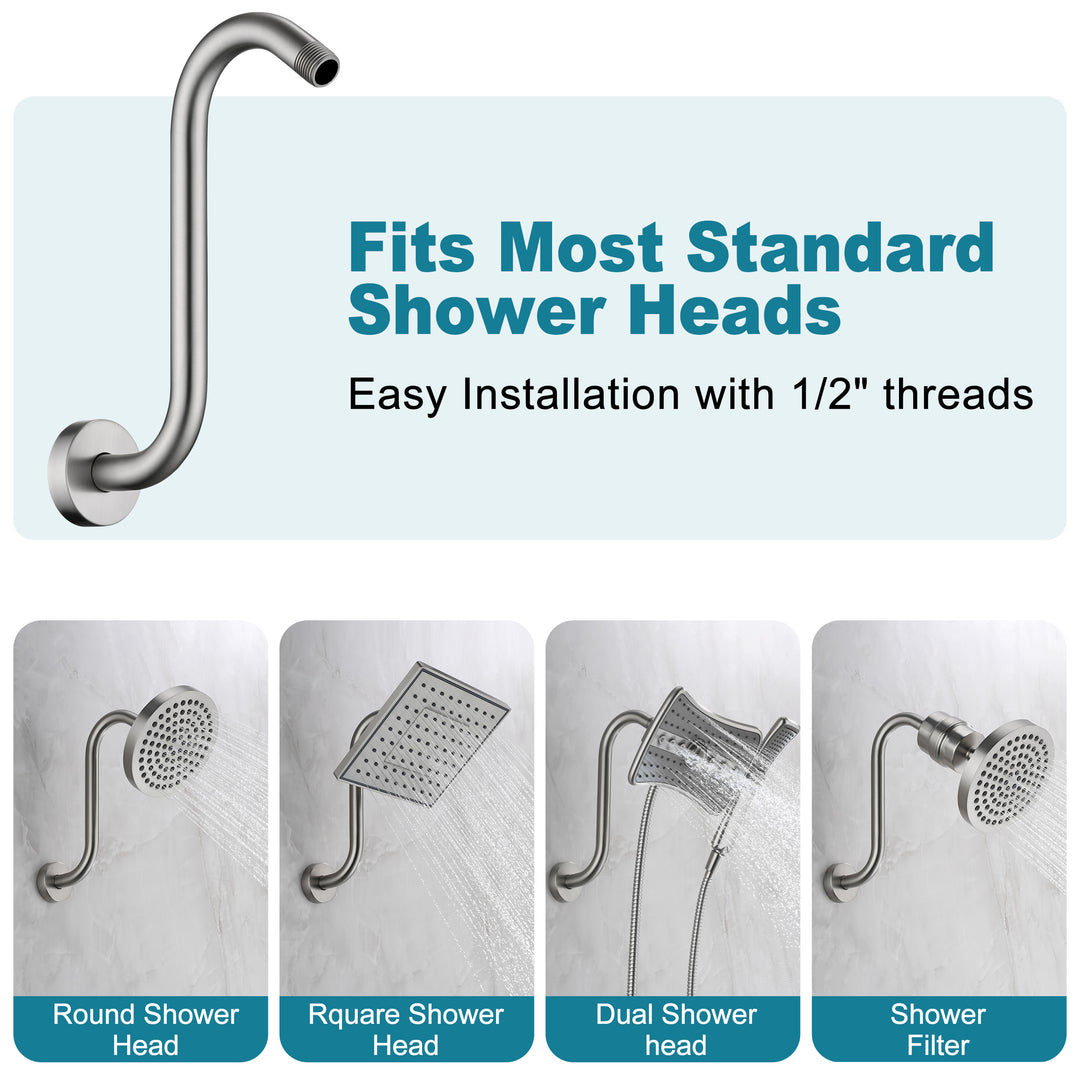 BRIGHT SHOWERS Shower Arm Extension, High Rise S-Shaped Shower Arm, Heavy-Duty SUS304 Stainless Steel, Gooseneck Shower Head Extension Arm, 6 & 8 & 10 Inch