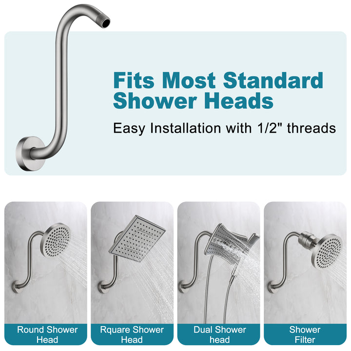 BRIGHT SHOWERS Shower Arm Extension, High Rise S-Shaped Shower Arm, Heavy-Duty SUS304 Stainless Steel, Gooseneck Shower Head Extension Arm, 6 & 8 & 10 Inch