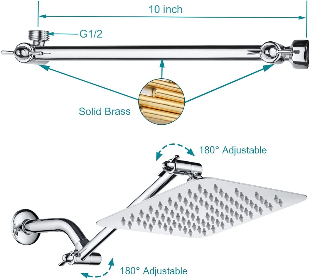 8 Inch Square Rainfall Showerhead with 10 Inch Adjustable Extension Arm - Chrome