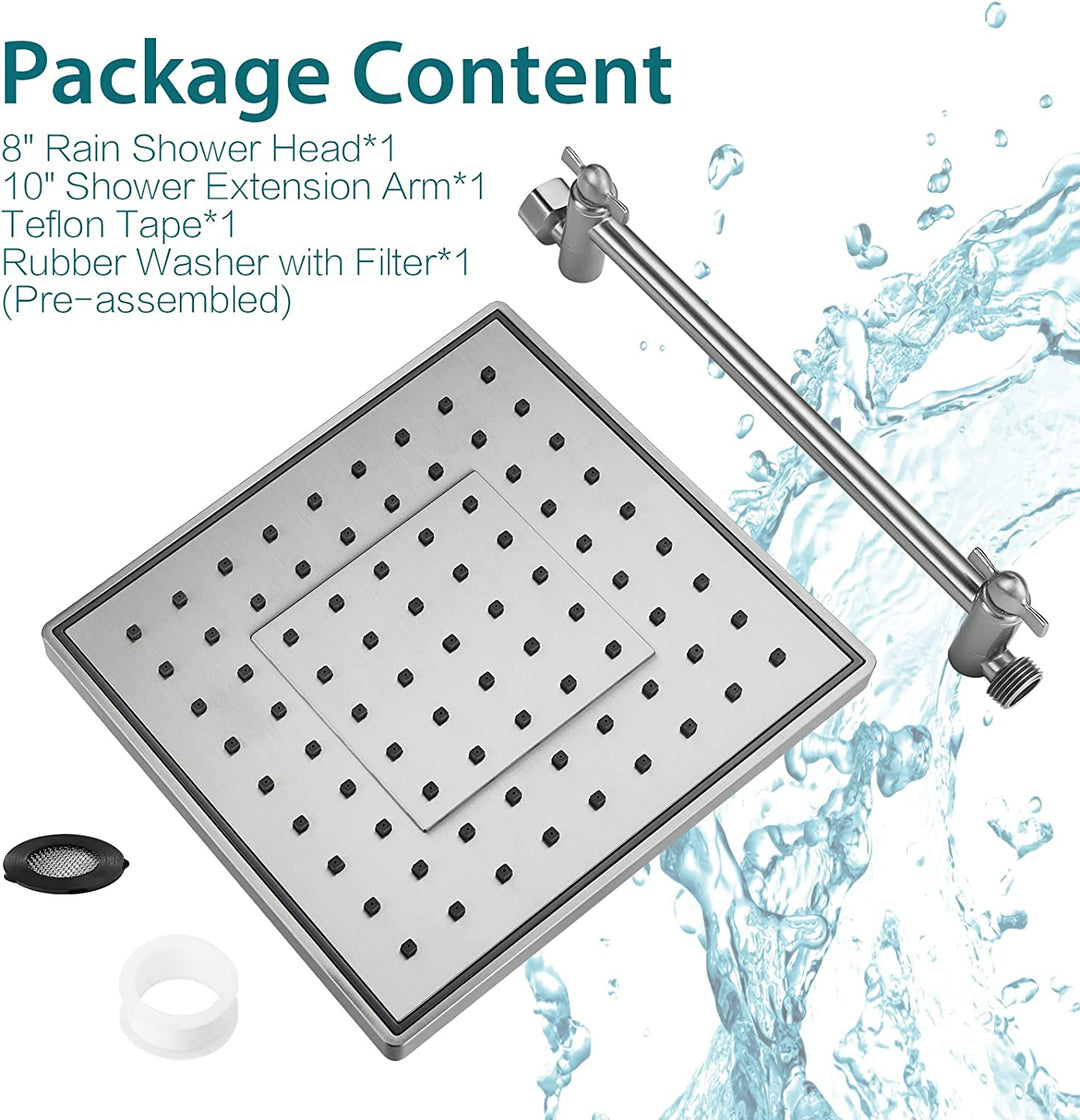 Rain Shower Head with 10 Inch Adjustable Extension Arm, 8 Inch Square Showerhead - brightshowers