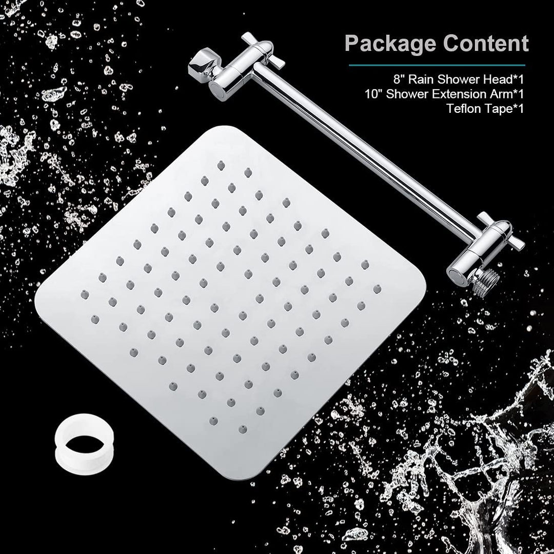 8 Inch Square Rainfall Showerhead with 10 Inch Adjustable Extension Arm - Chrome
