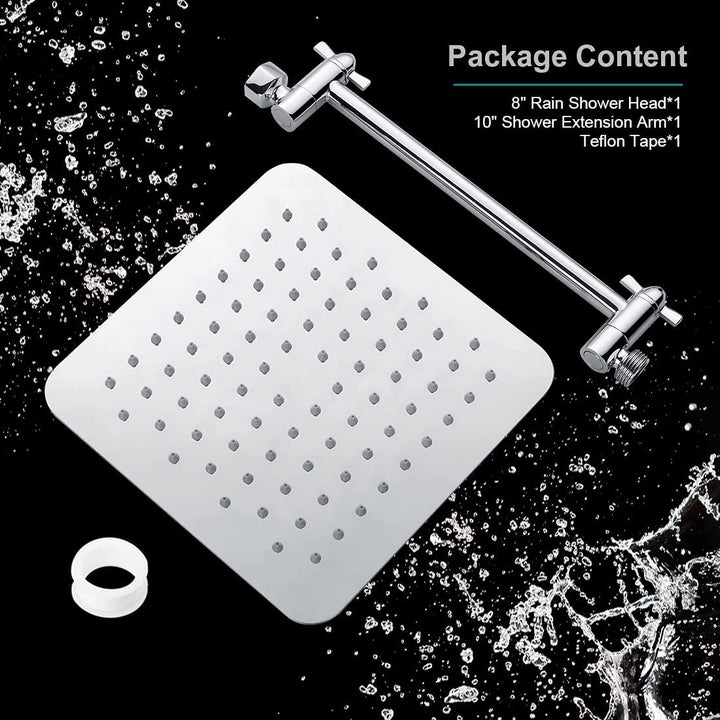 8 Inch Square Rainfall Showerhead with 10 Inch Adjustable Extension Arm - Chrome