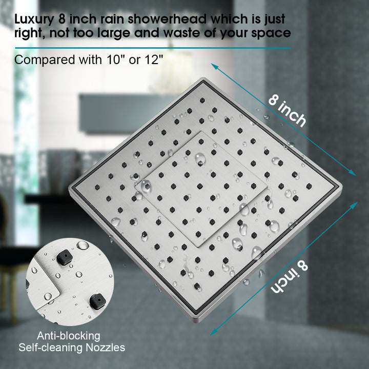 8 Inch Square Rainfall Shower Head with Angle Adjustable-brushed nickel